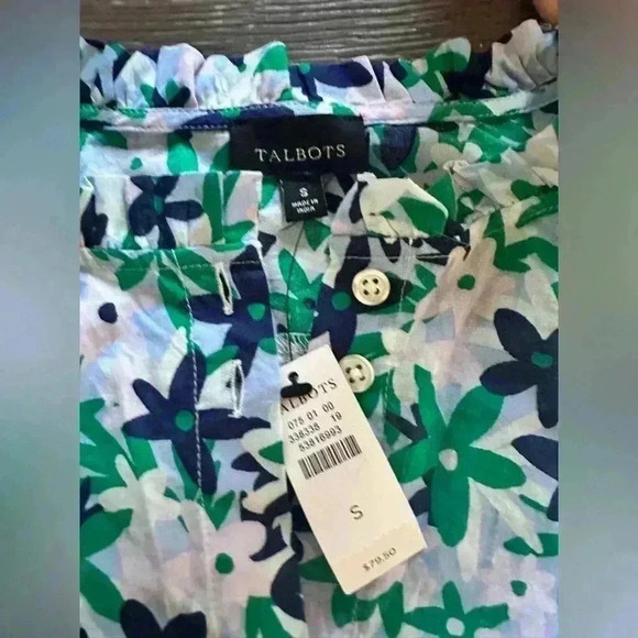 Talbots Lightweight Floral Blouse Size Small 100% Cotton Green Blue White NWT - Picture 4 of 6
